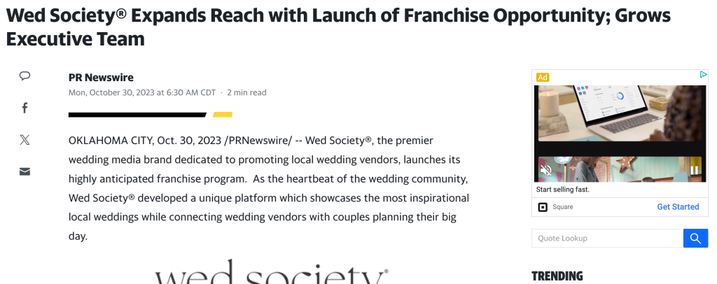 Wed Society® Expands Reach with Launch of Franchise Opportunity; Grows Executive Team
